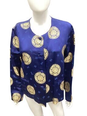 VTG April Cornell Women’s Top Size L Button Down Silk Blend Dark Blue And Gold